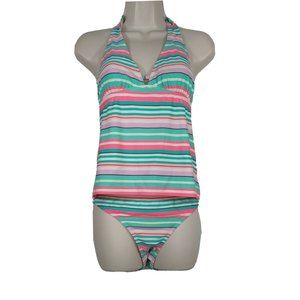 Old Navy 2 Pc Bikini Tankini Swimsuit Women Size M/L Green Pink Striped Padded